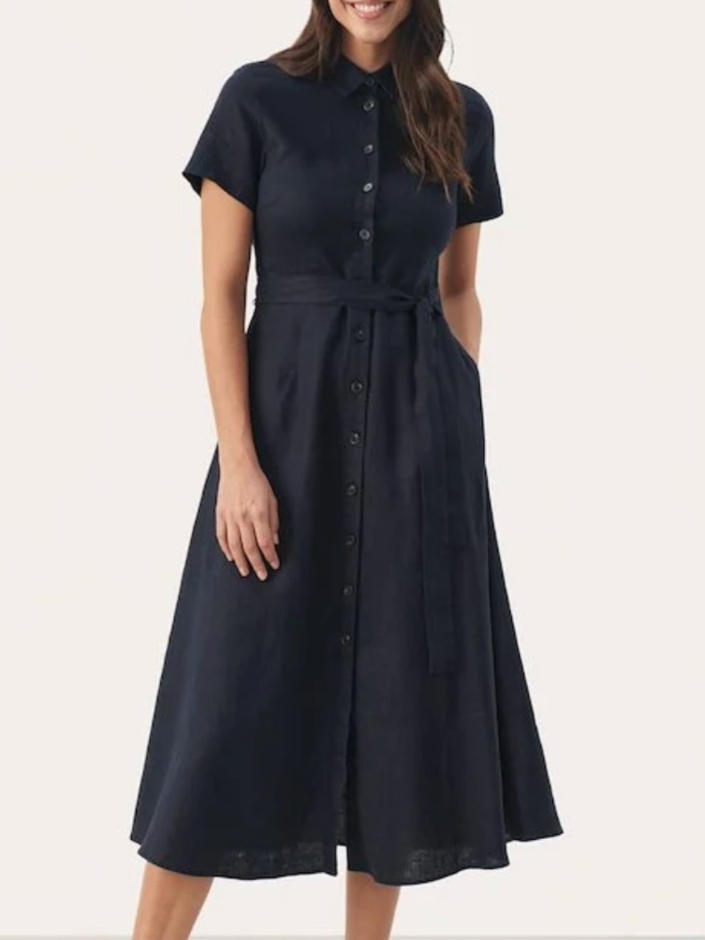 Button-Front Navy Midi Shirt Dress with Waist Tie